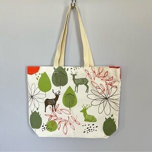 Canvas Deer & Leaf Print Tote Bag in Cream and Green by Earthwise